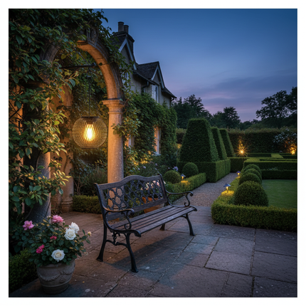Country house terrace with illuminated lantern