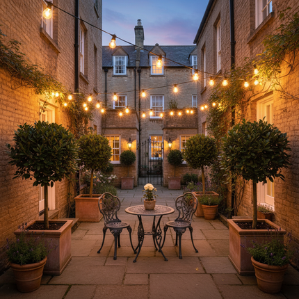 Elegant townhouse courtyard with festoon lights