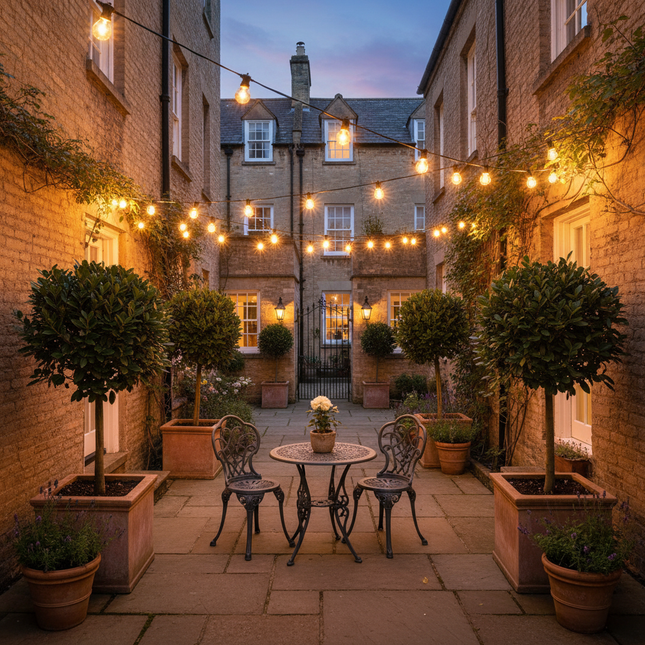 Elegant townhouse courtyard with festoon lights