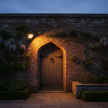 Elegant walled garden entrance lighting