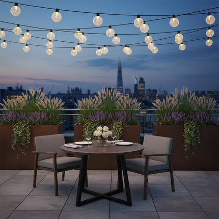 Elegant white lights on London rooftop