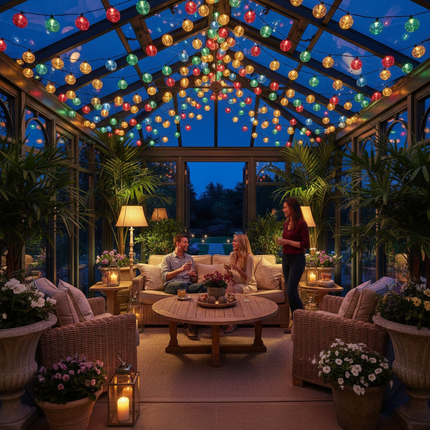 Festive multicolor lights in conservatory