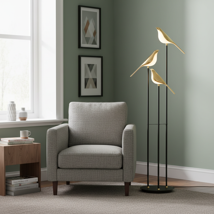 Gold Bird Floor Lamp 3 Birds Cold White