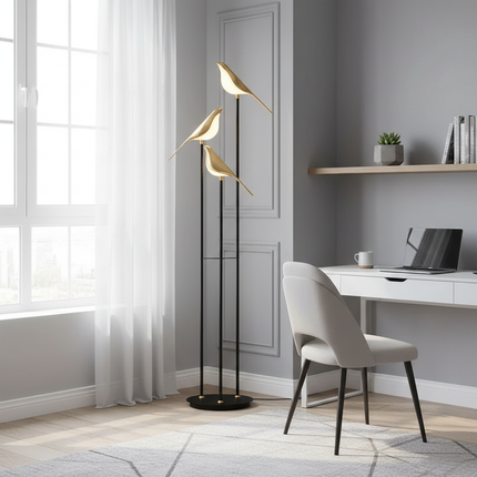 Gold Bird Floor Lamp 3 Birds Natural Light