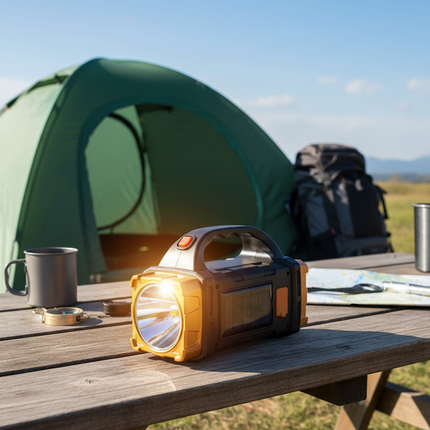 Golden variant solar charging at campsite