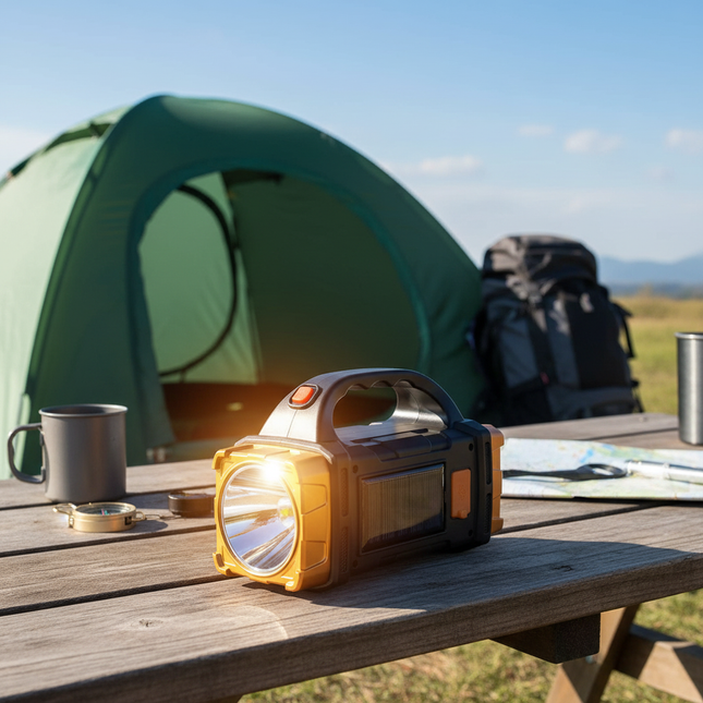 Golden variant solar charging at campsite