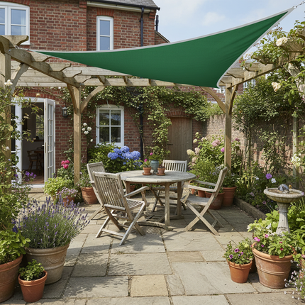 Green waterproof shade sail in townhouse garden