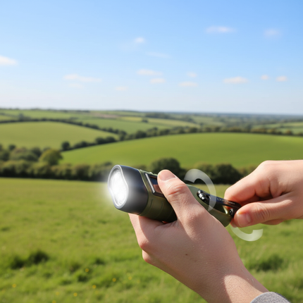 Hand holding flashlight outdoors