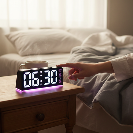 Hand reaching for alarm clock