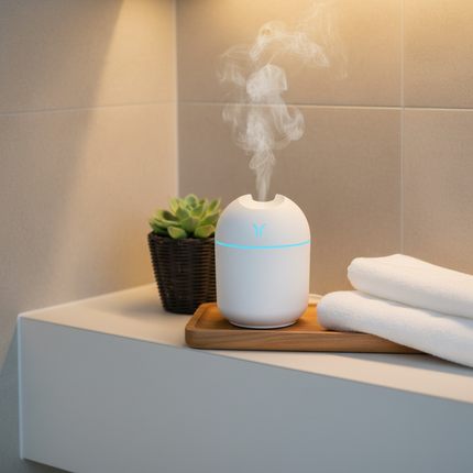 Mini USB humidifier on British bathroom shelf