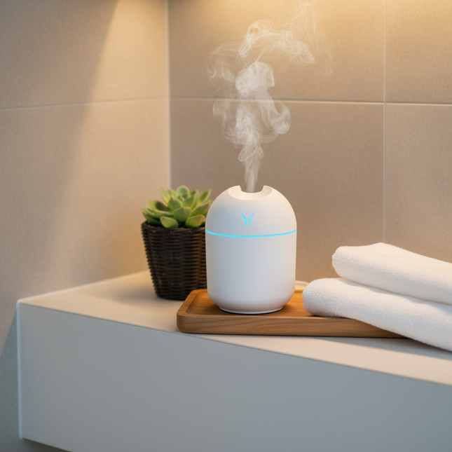 Mini USB humidifier on British bathroom shelf