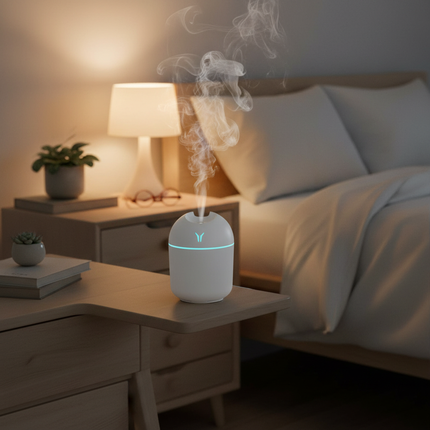 Mini USB humidifier on British bedroom dresser