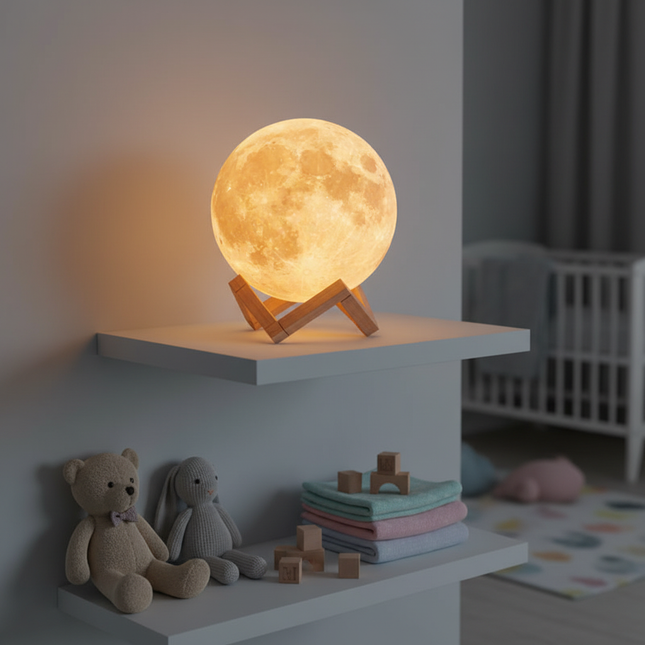 Moon LED Lamp on Nursery Shelf