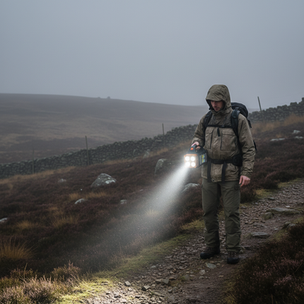 Moorland hiking with flashlight