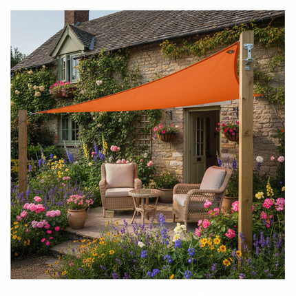 Orange triangle shade sail on cottage patio