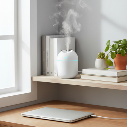 Portable USB aroma diffuser on British workspace shelf