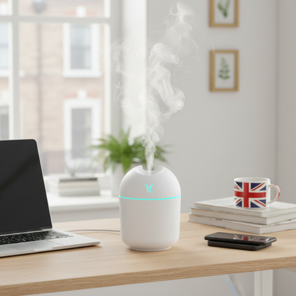 Portable USB humidifier on British office desk