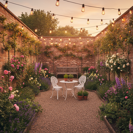 Romantic walled garden with festoon lights