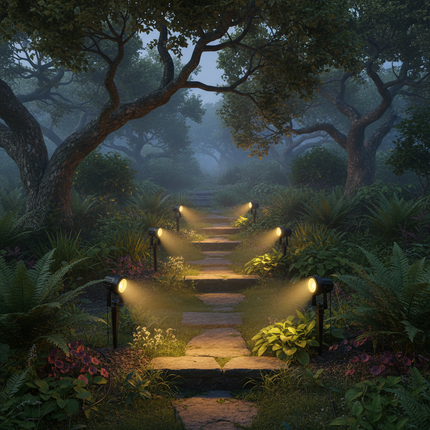 Romantic woodland garden at dusk