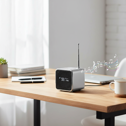 Silver TD-V26 digital radio on British office desk