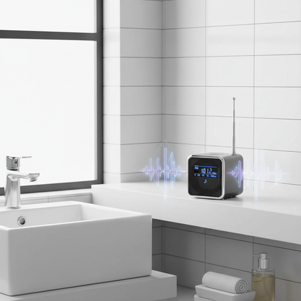 Silver TD-V26 portable radio on British bathroom shelf