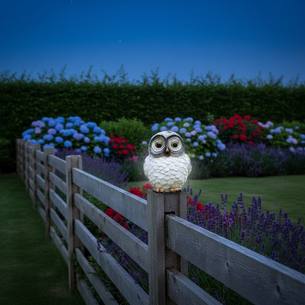 Solar Owl Light – White Fence Post