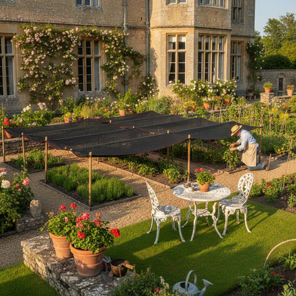 Sunshade netting over manor herb beds