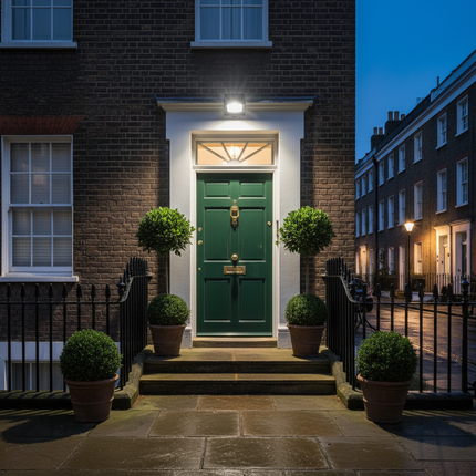 Traditional townhouse entrance with floodlight