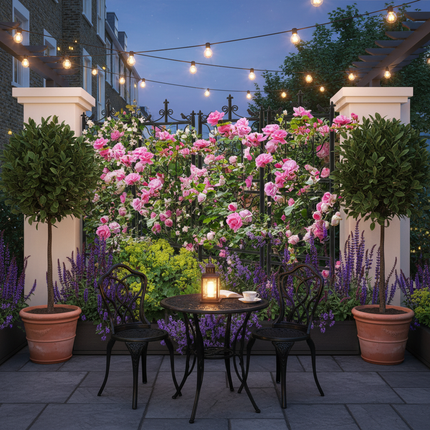 Traditional townhouse patio with climbing jasmine