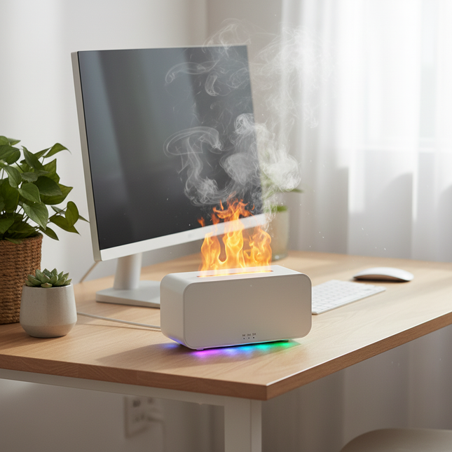 White Cooskr flame diffuser on British home office desk