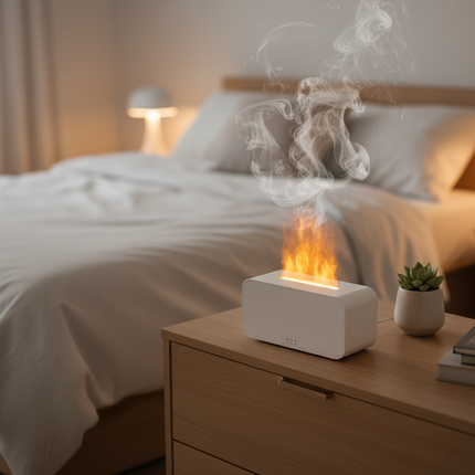 White Cooskr LED flame humidifier as night light