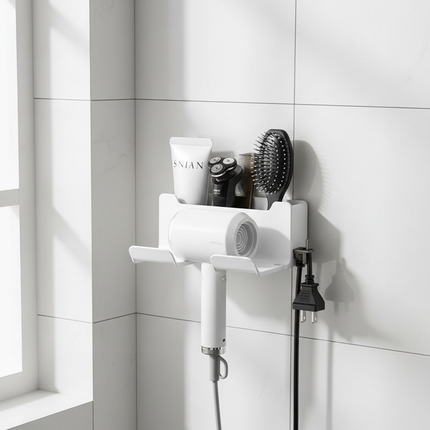 White Hair Dryer Holder in Bathroom