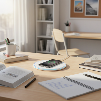White VIKEFON 30W charger on British student desk