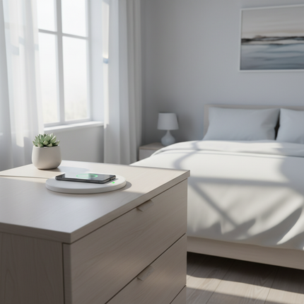 White VIKEFON charger on British bedroom dresser