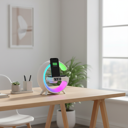 White VIKEFON wireless charger on British office desk