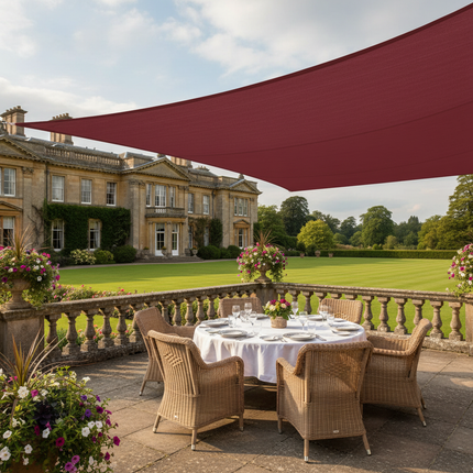 Wine red triangle canopy over manor terrace