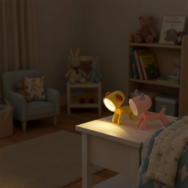 Yellow dog and pink deer in nursery